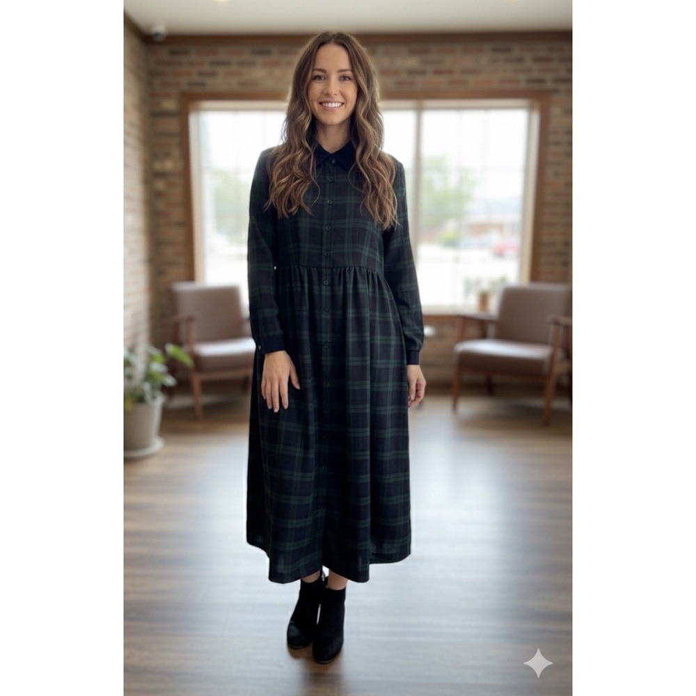 Stonebridge Navy Green Plaid Dress Velvet Collar Vintage Size 6 Prairie